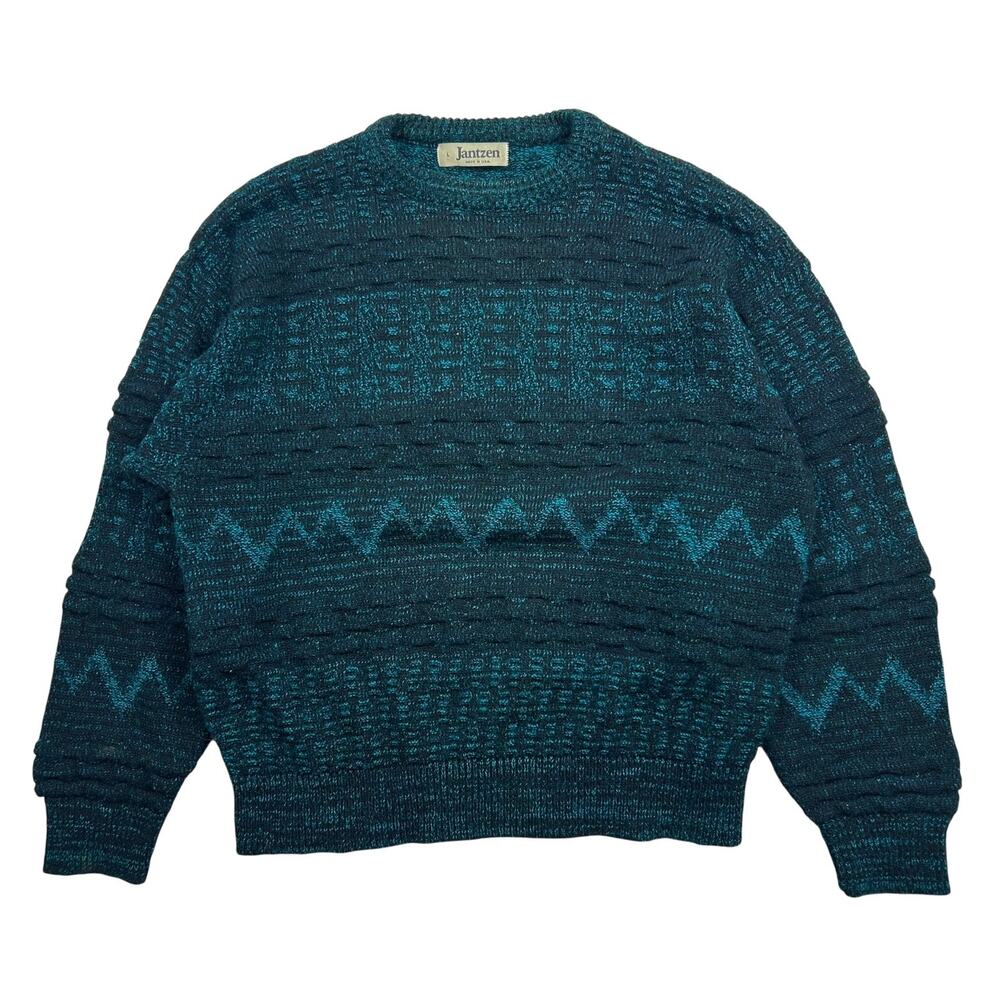 Vintage Jantzen Sweater Mens L Made in USA Teal Black Textured 3D Knit Chevron
